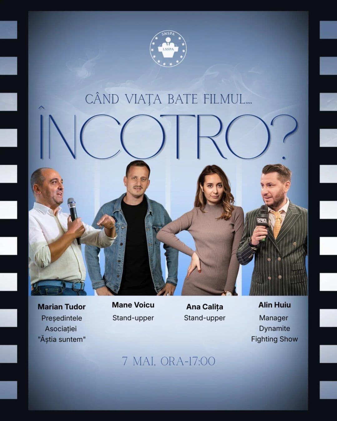 Afișul conferinței „Când viața bate filmul... Încotro?”, cu cei patru invitați