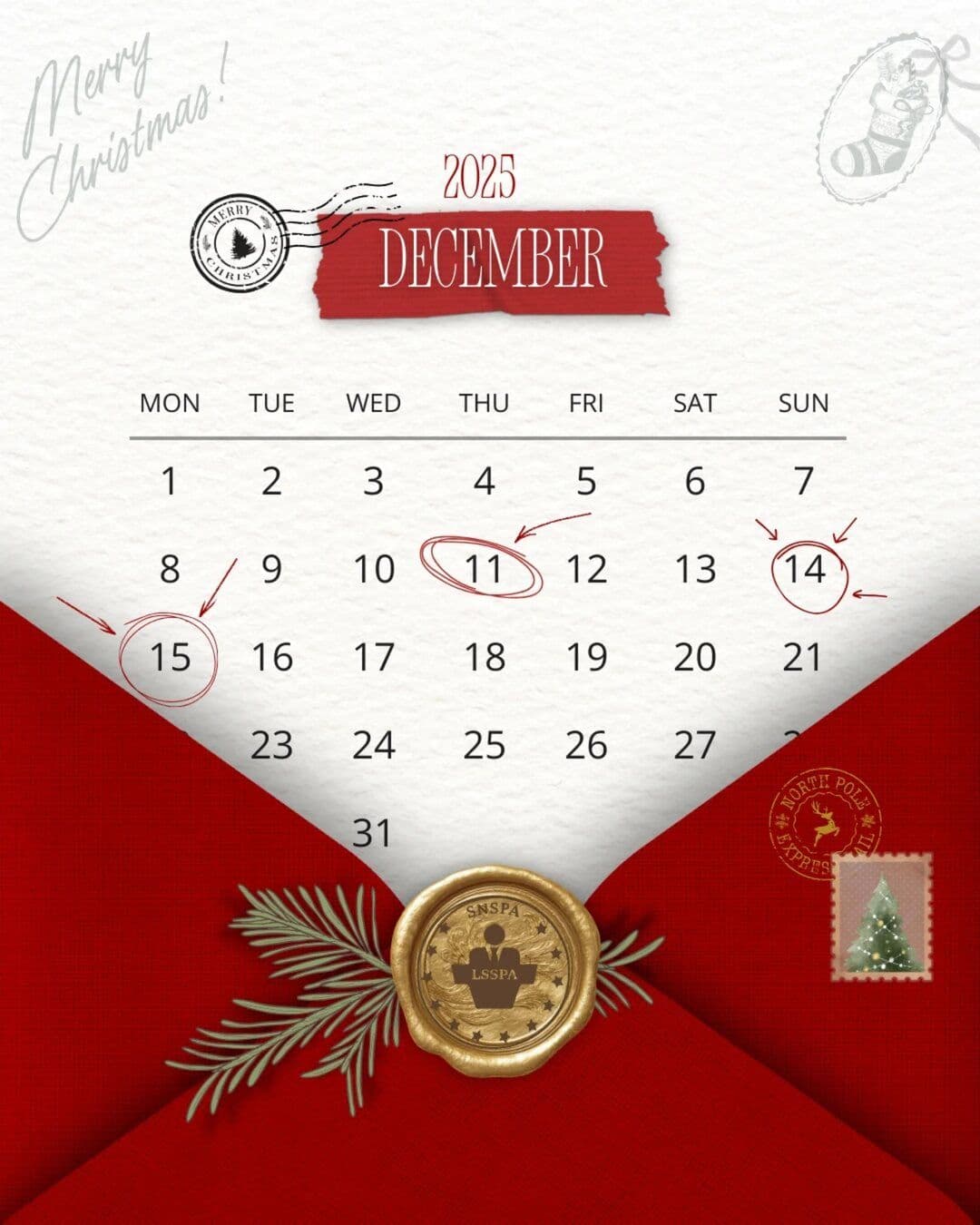 Calendarul lunii decembrie cu zilele activităților de Crăciun încercuite