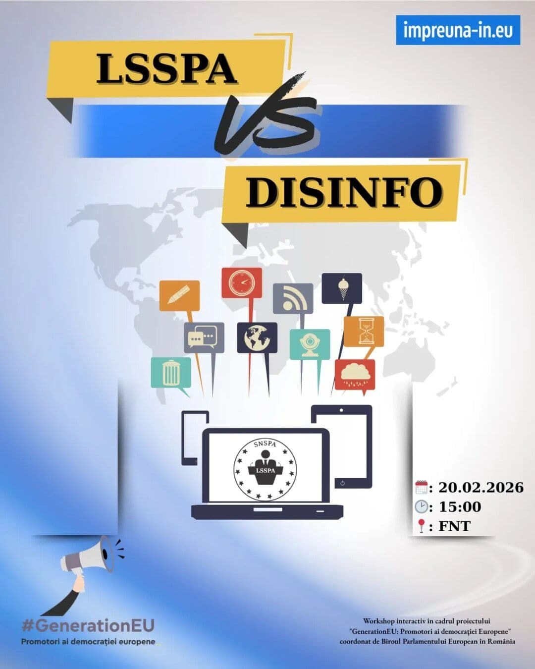 Afișul workshopului LSSPA vs Disinfo, 20 februarie 2026
